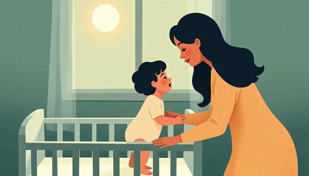 Parent comforting a standing baby in a crib at night during the 12-month sleep regression