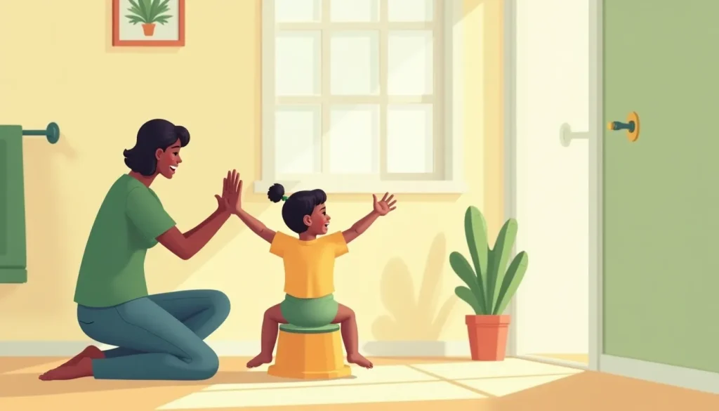 Toddler sitting on a potty chair with parent giving encouragement