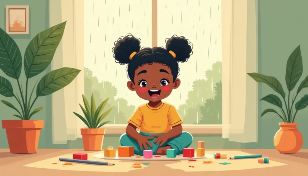 Toddler playing with colorful blocks and paint on a rainy day