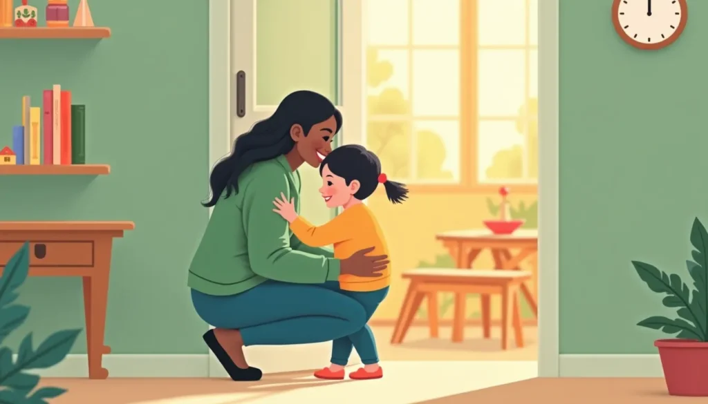 Parent hugging child goodbye at daycare drop-off