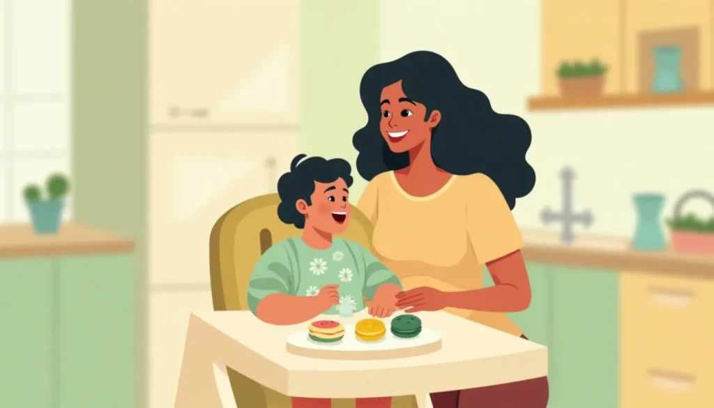 Happy baby in a high chair trying solid foods for the first time at 6 months